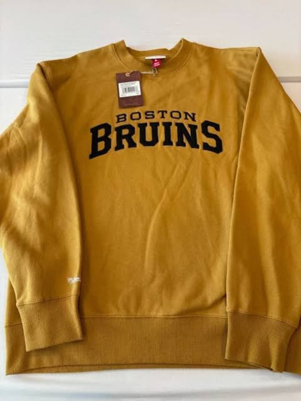 NEW NHL Mitchell Ness Boston Bruins Dusted Fleece Crew Sweatshirt